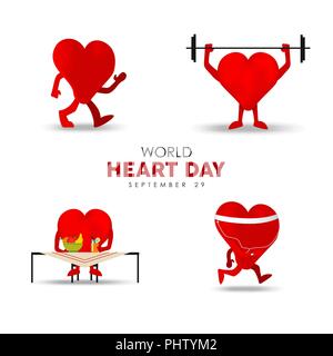 World Heart Day Illustration für Ernährung und Bewegung Konzept, Rot heartshape Zeichensatz zu tun gesunde Aktivität. EPS 10 Vektor. Stock Vektor