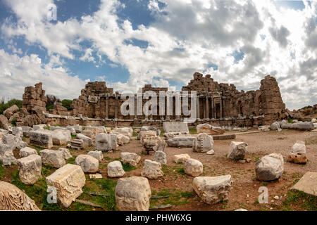 Alte Seite Stadt Agora, Ruinen Mittelhalle. Seite, Provinz Antalya, Türkei. Stockfoto