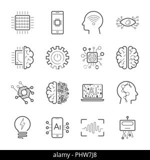 Internet der Dinge IOT, Künstliche Intelligenz, AI, innovative Smart Cyber Security digitale Informationstechnologien Vektor Icon Set. Industrie 4.0 Stock Vektor