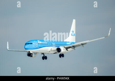 Sankt Petersburg, Russland - 19 April, 2017: Fliegen die Boeing 737-8 K2 (WL) (PH-BGC) Airline KLM Royal Dutch Airlines". Das Flugzeug geht auf Landung am Pul Stockfoto