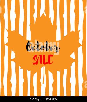 Vektor Bild. Emblem in Form einer maple leaf mit einem Hintergrundbild einer vertikalen Linie. Inschrift Oktober Verkauf Stock Vektor