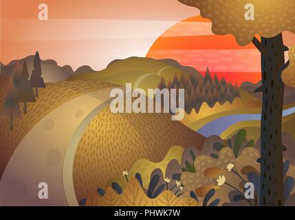 Herbst Landschaft. Die Straße und die Berge bei Sonnenuntergang Stock Vektor