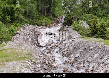 Bleibt der Eis- und Schneedecke über einem Bergbach im Sommer, Österreich Stockfoto