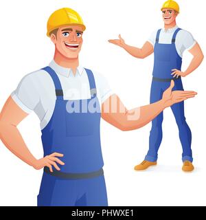 Lächelnd Arbeiter in harten Hut präsentieren. Isolierte Vector Illustration. Stock Vektor