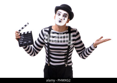 Mime mit Film Klappe isoliert auf weißem Stockfoto