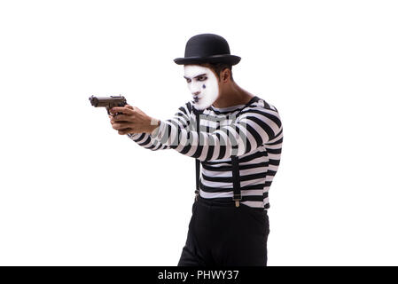 Mime mit Pistole auf weißem Hintergrund Stockfoto