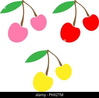Kirschen Gruppe in der Größe. Stellen Sie einfache Kirschen Rot, Gelb, Pink. Logo und Design Stock Vektor