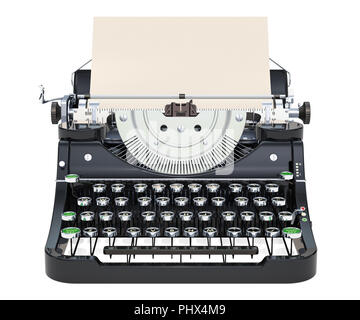 Schreibmaschine mit Papier, Vorderansicht. 3D-Rendering auf weißem Hintergrund Stockfoto