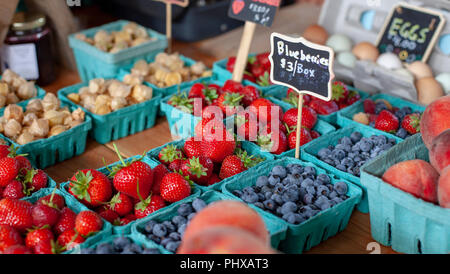 Erdbeeren und Blaubeeren zum Verkauf auf dem Markt des Ithaca Landwirt in Ithaca, NY, USA. Stockfoto