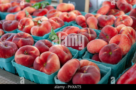 Süße cap Pfirsiche, genannt auch Donut Pfirsiche, zum Verkauf auf dem Markt des Ithaca Landwirt, Ithaca, NY, USA. Stockfoto