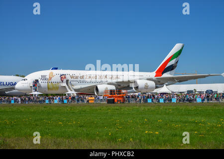 Airbus A380 Emirates, ILA 2018, Schönefeld, Brandenburg, Deutschland Stockfoto