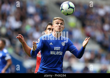 Cardiff, Großbritannien. 2. September 2018. Danny Ward von Cardiff City in Aktion. Premier League match, Cardiff City v Arsenal an der Cardiff City Stadion am Sonntag, den 2. September 2018. Dieses Bild dürfen nur für redaktionelle Zwecke verwendet werden. Nur die redaktionelle Nutzung, eine Lizenz für die gewerbliche Nutzung erforderlich. Keine Verwendung in Wetten, Spiele oder einer einzelnen Verein/Liga/player Publikationen. pic von Andrew Obstgarten/Andrew Orchard sport Fotografie/Alamy leben Nachrichten Stockfoto