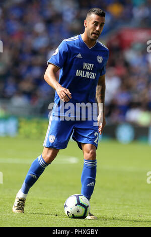 Cardiff, Großbritannien. 2. September 2018. Victor Camarasa von Cardiff City in Aktion. Premier League match, Cardiff City v Arsenal an der Cardiff City Stadion am Sonntag, den 2. September 2018. Dieses Bild dürfen nur für redaktionelle Zwecke verwendet werden. Nur die redaktionelle Nutzung, eine Lizenz für die gewerbliche Nutzung erforderlich. Keine Verwendung in Wetten, Spiele oder einer einzelnen Verein/Liga/player Publikationen. pic von Andrew Obstgarten/Andrew Orchard sport Fotografie/Alamy leben Nachrichten Stockfoto