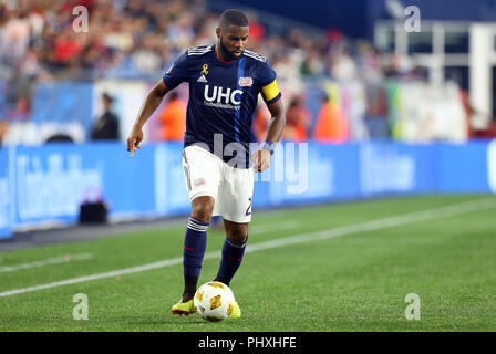 September 1, 2018; Foxborough, MA, USA; New England Revolution Verteidiger Andrew Farrell (2) in einem MLS-Match zwischen Portland Timbers und New England Revolution am Gillette Stadium. Das Spiel wurde zu einem abgehobenen Betrag 1-1 gespielt. Anthony Nesmith/CSM Stockfoto