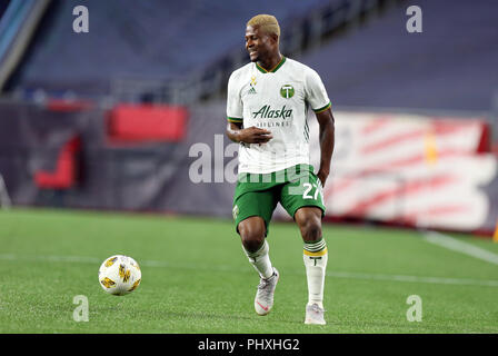 September 1, 2018; Foxborough, MA, USA; Portland Timbers vorwärts Dairon Asprilla (27) in einem MLS-Match zwischen Portland Timbers und New England Revolution am Gillette Stadium. Das Spiel wurde zu einem abgehobenen Betrag 1-1 gespielt. Anthony Nesmith/CSM Stockfoto