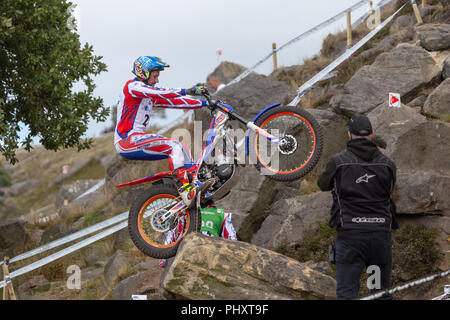 Die besten internationalen Reiter Wettbewerb die britische Runde der Welt Studien GP. Ergebnisse - Platz 1 - Toni Bou. Zweiter Adam Raga. Dritte - Miquel Gelabert. Vierte - takahisa Fujinami. Stockfoto