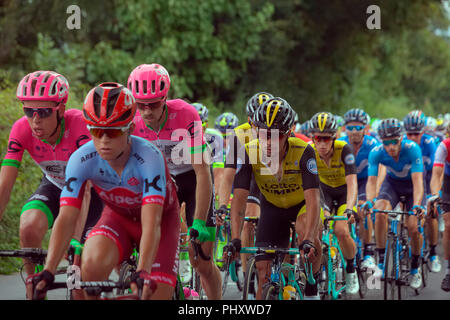 Tiverton, Großbritannien. 3. September 2018. Primož Roglic Team LottoNL - Jumbo (Niederlande) in das Feld an der Spitze von Long Drag Hill Tiverton, 2018 Tour durch England Devon Bühne: Martin Hughes-Jones/Alamy leben Nachrichten Stockfoto