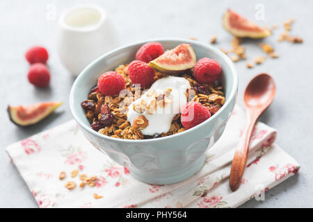 Crunchy Müsli mit griechischem Joghurt und Früchte in eine Schüssel geben. Detailansicht, selektive konzentrieren. Getönten Bild. Gesunde Ernährung, gesunde Lebensweise Konzept Stockfoto