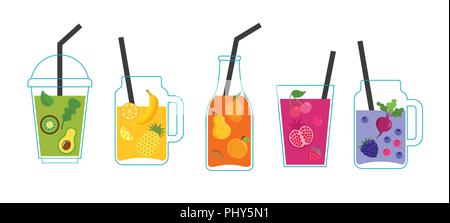 Sammlung von verschiedenen bunten Smoothies, Obst schüttelt in einer Flaschen, Glas, maurergläser Stock Vektor