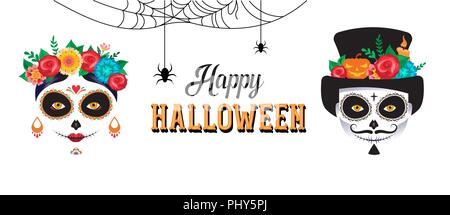 Happy Halloween Poster, Hintergrund, Banner und Karte mit Frau und Mann Schädel bilden. Stock Vektor