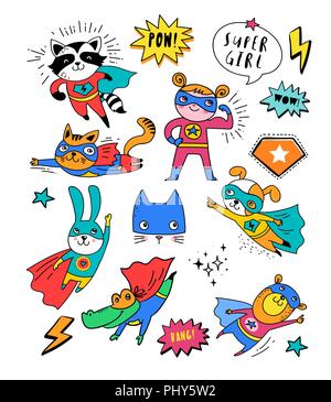 Superhelden niedlichen hand Tiere, Katze, Hund, Panda, Bär und Krokodil vektor Zeichen gezeichnet Stock Vektor