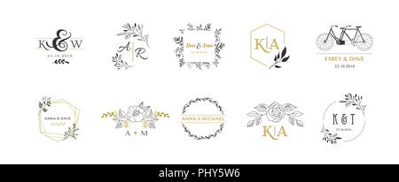 Hochzeit Logos, Hand gezeichnet Elegante, zarte Monogramm Sammlung Stock Vektor