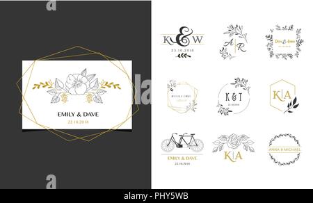Hochzeit Logos, Hand gezeichnet Elegante, zarte Monogramm Sammlung Stock Vektor