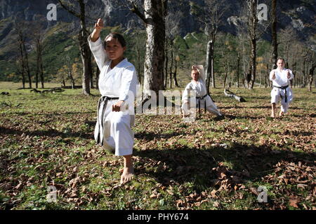 Mitglieder der Karate Club München USC zeigen ihren Sport an der grossen Ahorn Boden im Karwendel Alpen, Österreich Stockfoto