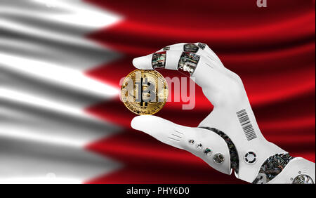 Crypto Währung bitcoin in der Hand des Roboters, der Begriff der Künstlichen Intelligenz, Hintergrund Flagge von Bahrain Stockfoto