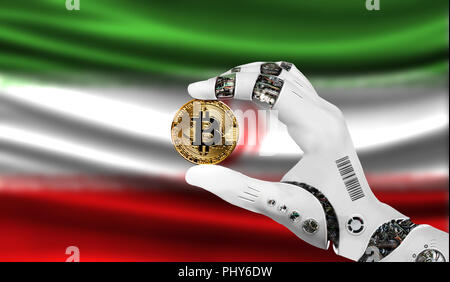 Crypto Währung bitcoin in der Hand des Roboters, der Begriff der Künstlichen Intelligenz, Hintergrund Flagge von Iran Stockfoto