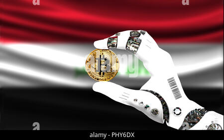 Crypto Währung bitcoin in der Hand des Roboters, der Begriff der Künstlichen Intelligenz, Hintergrund Flagge von Irak Stockfoto