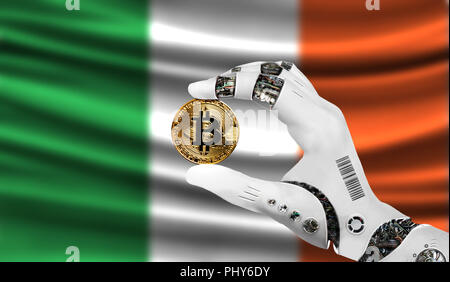 Crypto Währung bitcoin in der Hand des Roboters, der Begriff der Künstlichen Intelligenz, Hintergrund Flagge von Irland Stockfoto