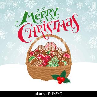 Korb voller Lebkuchen auf verschneiten Hintergrund. Frohe Weihnachten Grußkarte mit festlichen Schriftzug. Vector Illustration. Stock Vektor