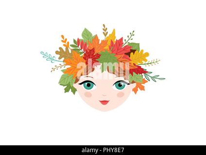 Hallo Herbst, Herbst Hintergrund. Mädchen mit stirnreif Herbst Blumen und Blätter, Vektor, Abbildung Stock Vektor