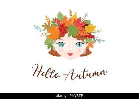 Hallo Herbst, Herbst Hintergrund. Mädchen mit stirnreif Herbst Blumen und Blätter, Vektor, Abbildung Stock Vektor