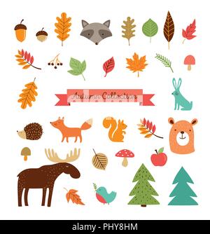 Hallo Herbst, Herbst Sammlung von Wald Tiere, Elemente und Illustrationen, Aufkleber, Symbole Stock Vektor