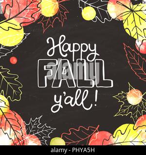 Glücklich fallen sie alle. Handgezeichneten Schriftzug mit Aquarell Punkten auf schwarzem Hintergrund. Vektor Plakat mit Blätter im Herbst. Stock Vektor