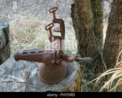 Alte Metall Skulptur mit Patina auf Anzeige auf Land an einem privaten französischen Haus und Garten, im Sommer Stockfoto