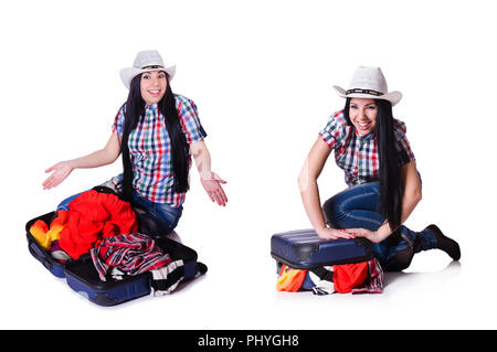Frau mit Suitacases Vorbereitung für Sommerurlaub Stockfoto