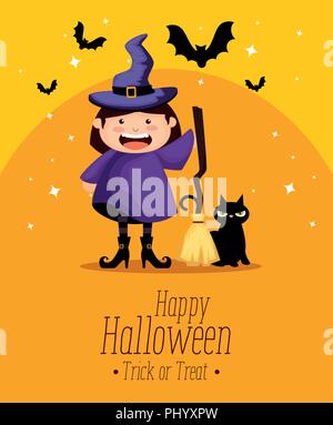 Mädchen, die so tut, als wäre sie eine Hexe auf Halloween Vector Illustration Design Stock Vektor