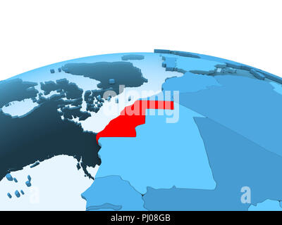 Karte von Westsahara in Rot auf Blau politische Globus mit transparenten Ozeane. 3D-Darstellung. Stockfoto