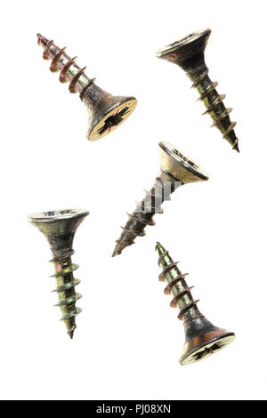 Schrauben isoliert auf weißem Hintergrund Nahaufnahme. Ansicht von oben Stockfoto
