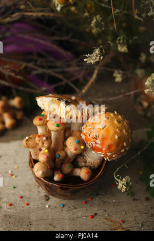 Magic Mushrooms. Kleine agaric Agaric Honig Magic Mushroom in Keramik Schale Zaubertrank auf hölzernen Hintergrund Fliegen. Magic Fairy Tale halloween Hintergrund Stockfoto