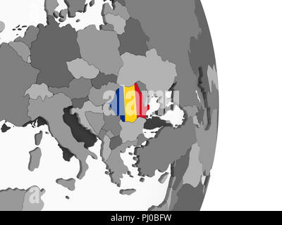 Rumänien auf Grau politische Globus mit embedded Flagge. 3D-Darstellung. Stockfoto
