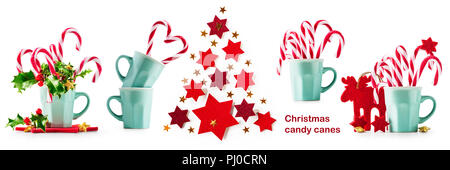 Weihnachten Zuckerstangen in Schale, Holly, Sterne und Weihnachtsbaum Sammlung auf weißem Hintergrund. Design Elemente Stockfoto