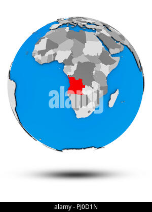 Angola über politische Globus mit Schatten auf weißem Hintergrund. 3D-Darstellung. Stockfoto