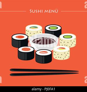 Sushi Menü der verschiedenen Arten mit Stäbchen und Sojasauce Vektor-illustration EPS 10. Stock Vektor