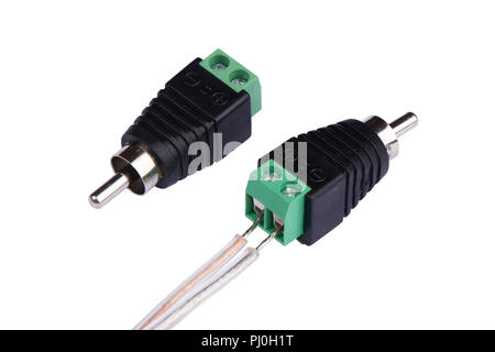 Ein Adapter, mit dem Terminal für die Lautsprecherkabel in ein RCA-Typ konvertiert Stockfoto
