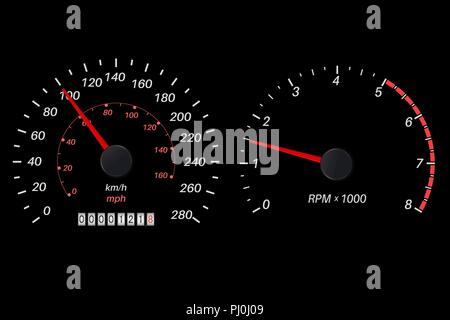 Drehzahlmesser und Tachometer Skala auf schwarzem Hintergrund Stock Vektor