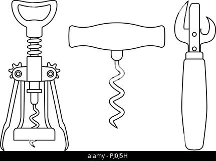 Korkenzieher und Dosenöffner. Strichzeichnung Stock Vektor